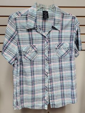 Plaid Short-Sleeve Button-Up Shirt - Light Blue/Pink